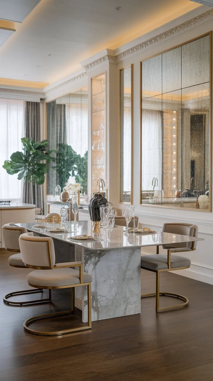A symphony of light and luxury. This dining space, featuring a stunning marble table, opulent gold accents, and a carefully chosen plant, is a testament to refined taste. The dark hardwood floor and large mirror amplify the sense of spaciousness and grandeur. A truly captivating setting for any occasion.