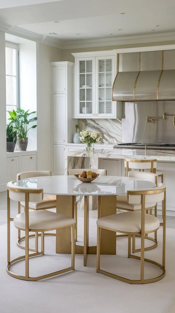 A symphony of textures and tones. The gleaming marble dining table, with its striking gold legs, anchors this bright and airy kitchen. Luxurious chairs and potted plants add warmth and personality, creating a space where culinary creations and cherished conversations effortlessly blend. A truly inspiring culinary haven.