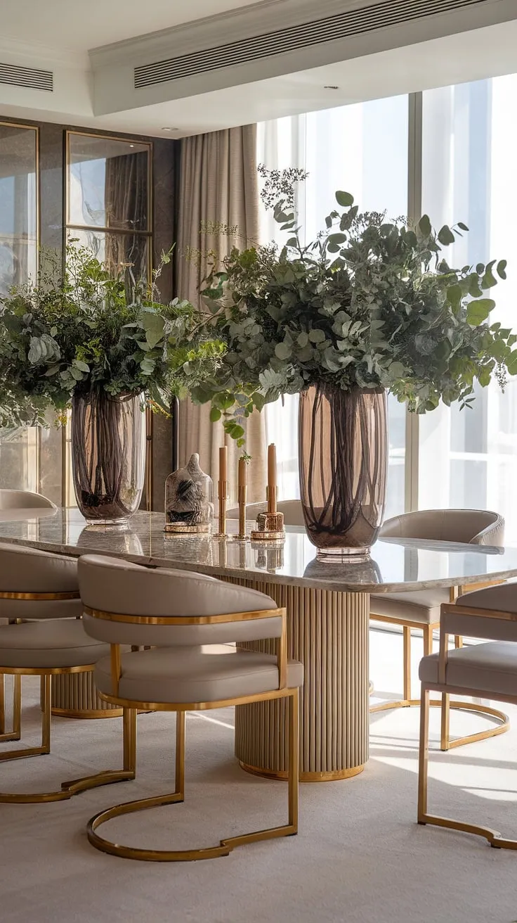 Indulge in the elegance of this modern dining room, where natural light dances across the cool marble table and gleaming gold accents. A symphony of sophistication, perfect for unforgettable gatherings. A testament to refined taste and luxurious living.