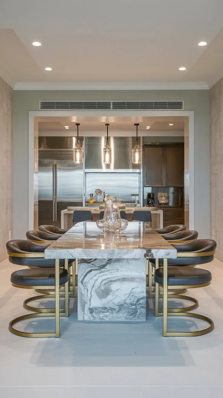 Indulge in effortless elegance. This modern kitchen and dining area, featuring a stunning marble table and gold-accented chairs, is the epitome of sophisticated living. The spacious layout and sleek stainless steel appliances complete the luxurious ambiance.