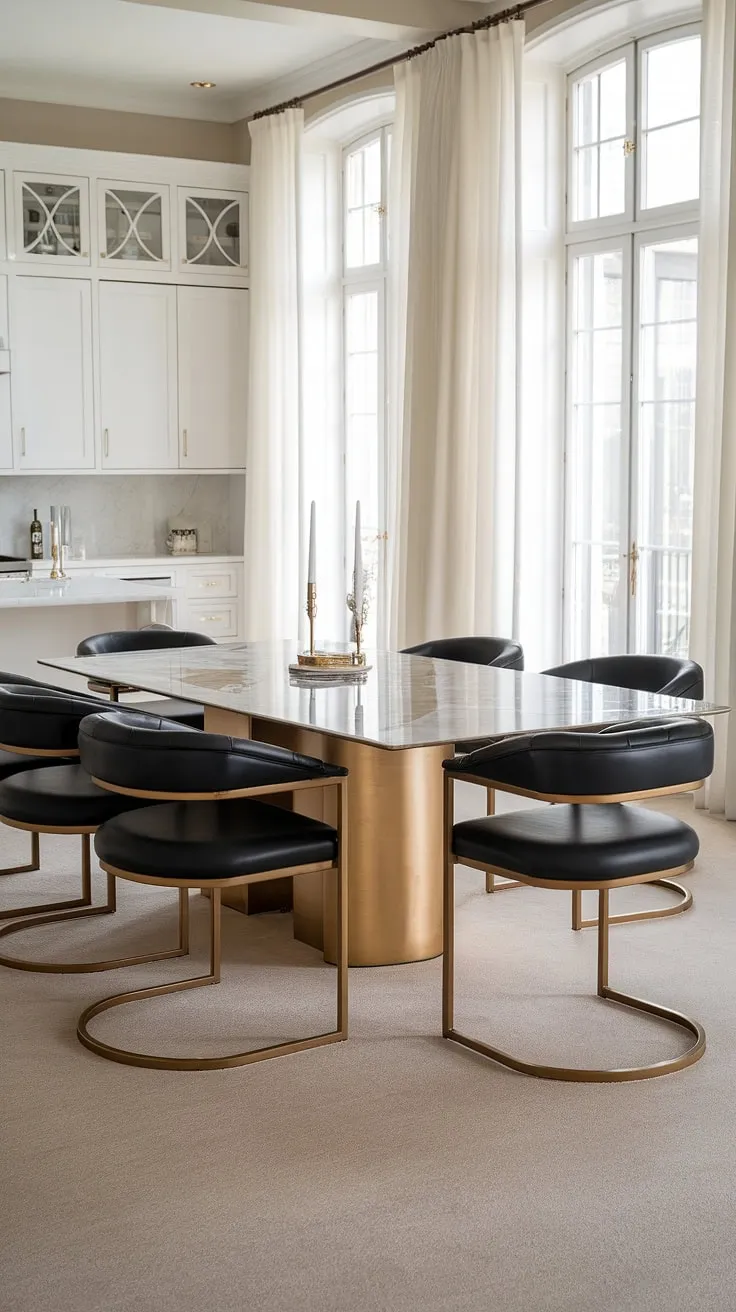 Indulge in effortless elegance. This modern dining space, featuring a stunning marble table with a gold base and luxurious black leather chairs, is the epitome of sophisticated comfort. The spacious kitchen and large windows complete the picture of refined living.
