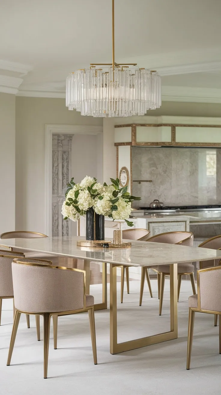 Indulge in effortless elegance. This modern dining space, with its gleaming marble table and gold accents, sets the stage for unforgettable gatherings. The soft grey walls and luxurious beige upholstery create a sophisticated ambiance, perfect for celebrating life's special moments. A testament to refined taste and impeccable design.