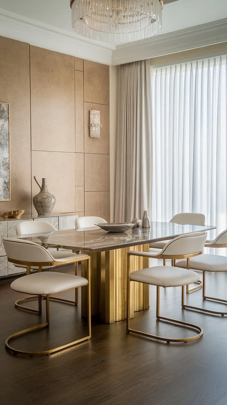 A symphony of textures and light defines this exquisite dining space. The cool marble tabletop contrasts beautifully with the warm wood floors and textured beige walls, while the gold accents add a touch of opulence. A truly inspiring setting for cherished moments.