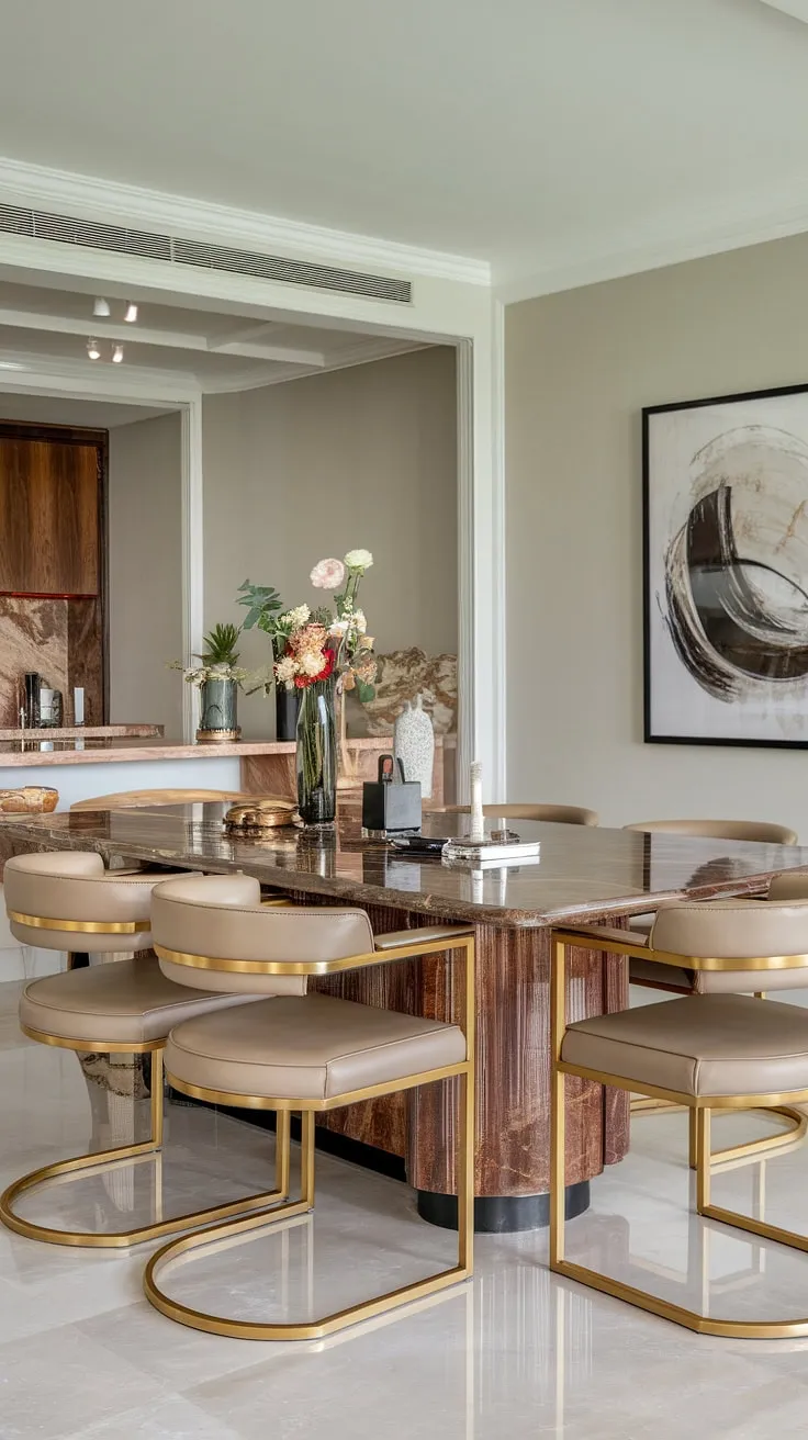 Indulge in effortless elegance. This modern kitchen's polished marble dining table, accented by luxurious gold-framed chairs and a subtle grey palette, creates a sophisticated space perfect for intimate gatherings. A touch of understated luxury defines the ambiance.
