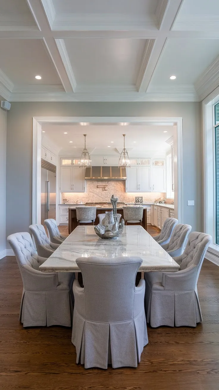 Indulge in effortless elegance. This kitchen's open design seamlessly flows into a luxurious dining area, featuring a stunning marble table and comfortable seating, perfect for hosting unforgettable gatherings. The high ceilings and natural light create an airy ambiance, while the stainless steel appliances and gray walls add a touch of modern sophistication. A truly inspiring space where culinary creations and cherished moments converge.