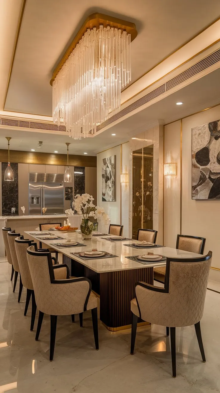 Indulge in the opulence of this dining room, where a modern marble table and luxurious gold-accented chairs create an atmosphere of refined elegance. The warm lighting and carefully curated artwork complete the ambiance, seamlessly blending luxury with contemporary design. A glimpse of the sleek stainless steel kitchen hints at the culinary delights to come.