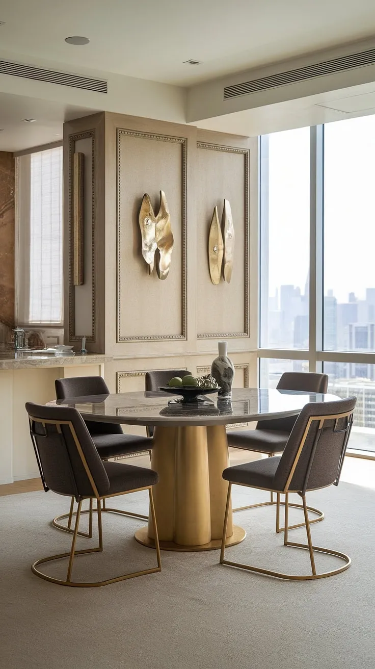 Indulge in effortless elegance. This modern kitchen's dining area, complete with a stunning marble table and gold-legged chairs, offers breathtaking city views, creating the perfect ambiance for unforgettable moments. The carefully curated artwork and luxurious textures elevate the space to a new level of sophistication.