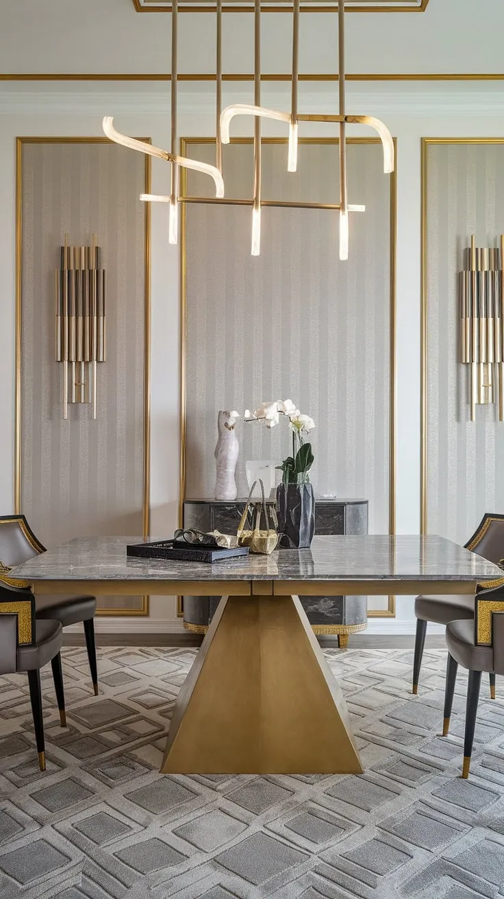 Indulge in the opulence of this dining room, where a striking marble table with a gilded base takes center stage. The sophisticated gray and beige striped wallpaper, complemented by gold accents throughout, creates an atmosphere of refined luxury. A testament to impeccable taste and effortless elegance.