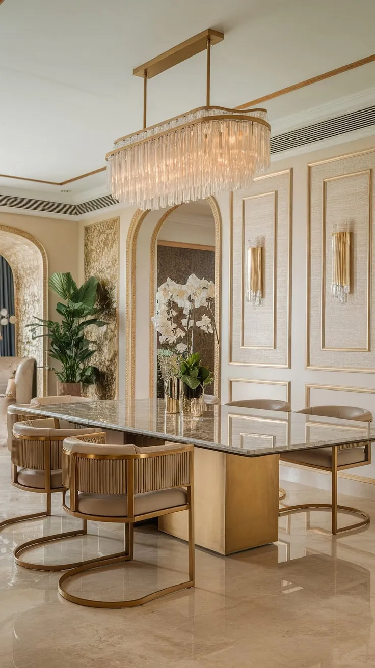 Indulge in the opulence of this dining room, where a stunning marble table with a gold base takes center stage, complemented by luxurious gold-framed chairs and a shimmering chandelier. The subtle gold accents throughout, paired with the beige marble flooring and wallpaper, create an atmosphere of refined elegance. A touch of nature is added with a potted plant, completing this sophisticated space. A truly unforgettable dining experience awaits.