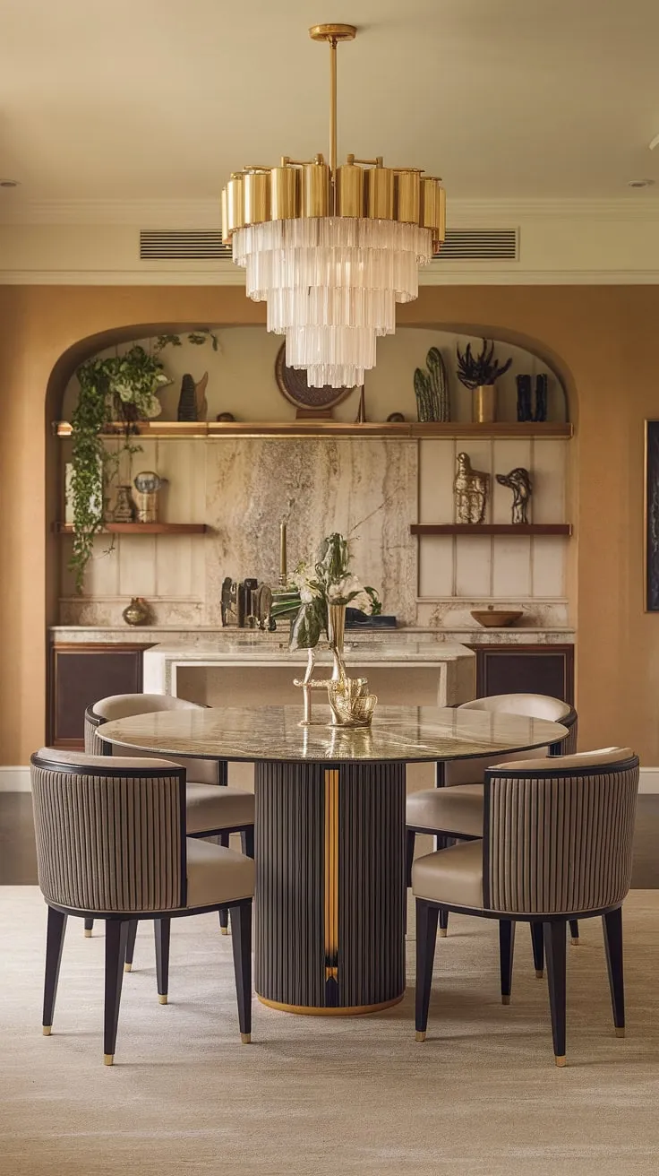 Indulge in effortless elegance. This open-plan kitchen and dining area, featuring a stunning marble dining table and gold-accented chandelier, sets the stage for unforgettable moments. The warm hues and carefully curated details create a sophisticated ambiance perfect for both intimate gatherings and grand celebrations. A true testament to refined living.