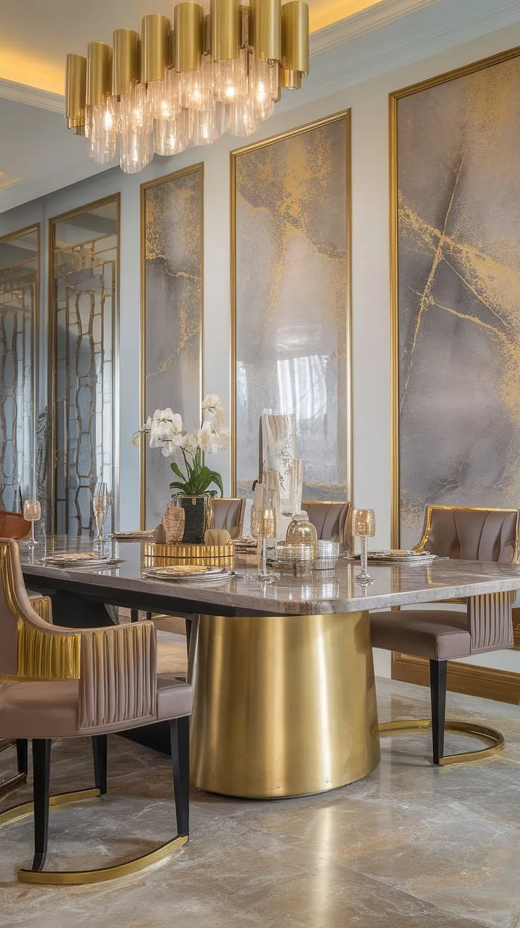 A symphony of grey and gold unfolds in this breathtaking dining space. The modern marble dining table, supported by a glamorous gold base, is the focal point, surrounded by equally luxurious seating and illuminated by a magnificent chandelier. A truly unforgettable dining experience awaits.