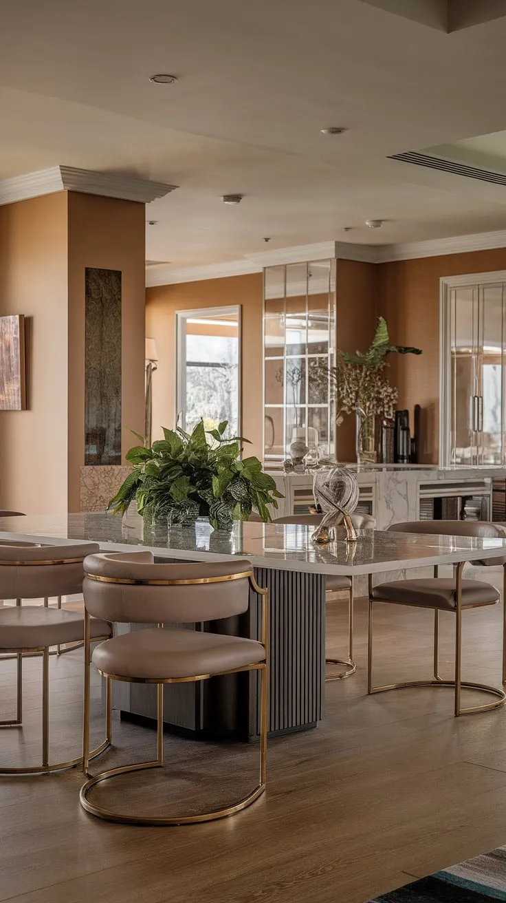 A symphony of textures and tones. The cool sophistication of the marble dining table is beautifully balanced by the warmth of the surrounding space, creating a luxurious and inviting atmosphere. The carefully chosen details, from the gold-legged chairs to the potted plants, elevate this kitchen into a true culinary haven.