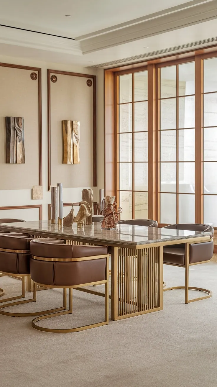 A symphony of textures and tones. The cool sophistication of the marble dining table is perfectly complemented by the rich leather chairs and warm beige walls, creating a dining space that is both stylish and inviting. A perfect setting for cherished moments.