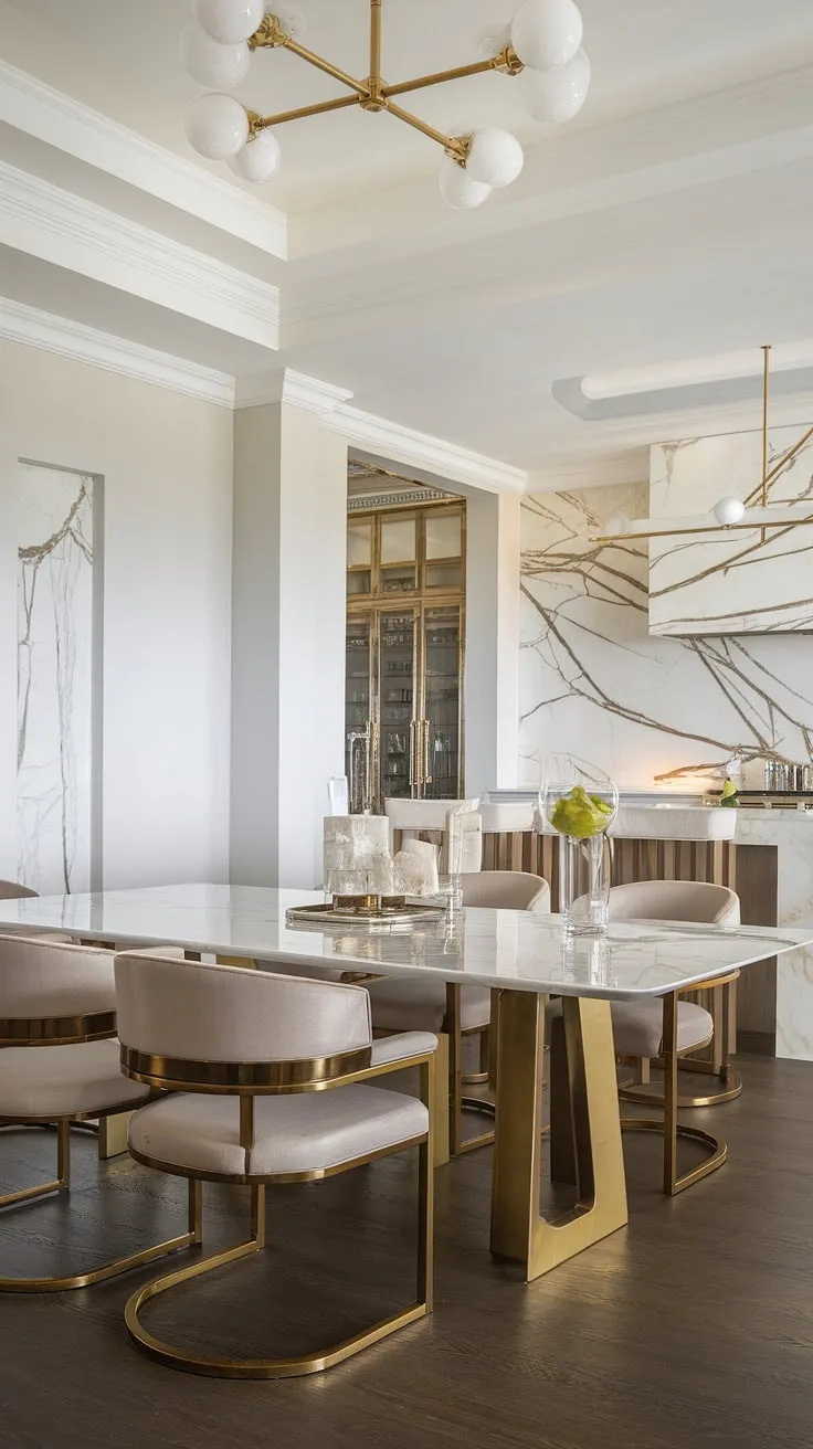 Indulge in the opulence of this modern kitchen, where a stunning marble dining table with gold legs takes center stage. The luxurious chairs and shimmering chandelier complete the sophisticated ambiance, creating a space perfect for unforgettable gatherings. A testament to refined taste and impeccable design.