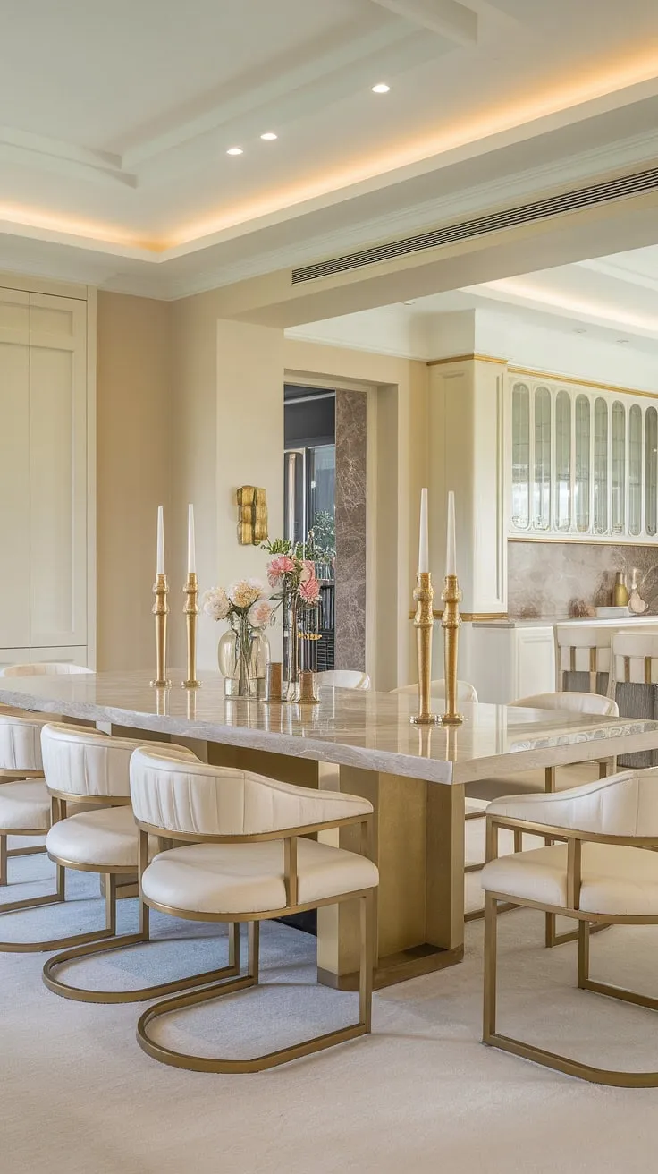 Indulge in effortless elegance. This all-marble dining table, accented with gold, sets the stage for unforgettable moments in a kitchen seamlessly blending modern luxury and warmth. The soft beige walls and recessed lighting create an ambiance of understated sophistication. A perfect setting for cherished gatherings.