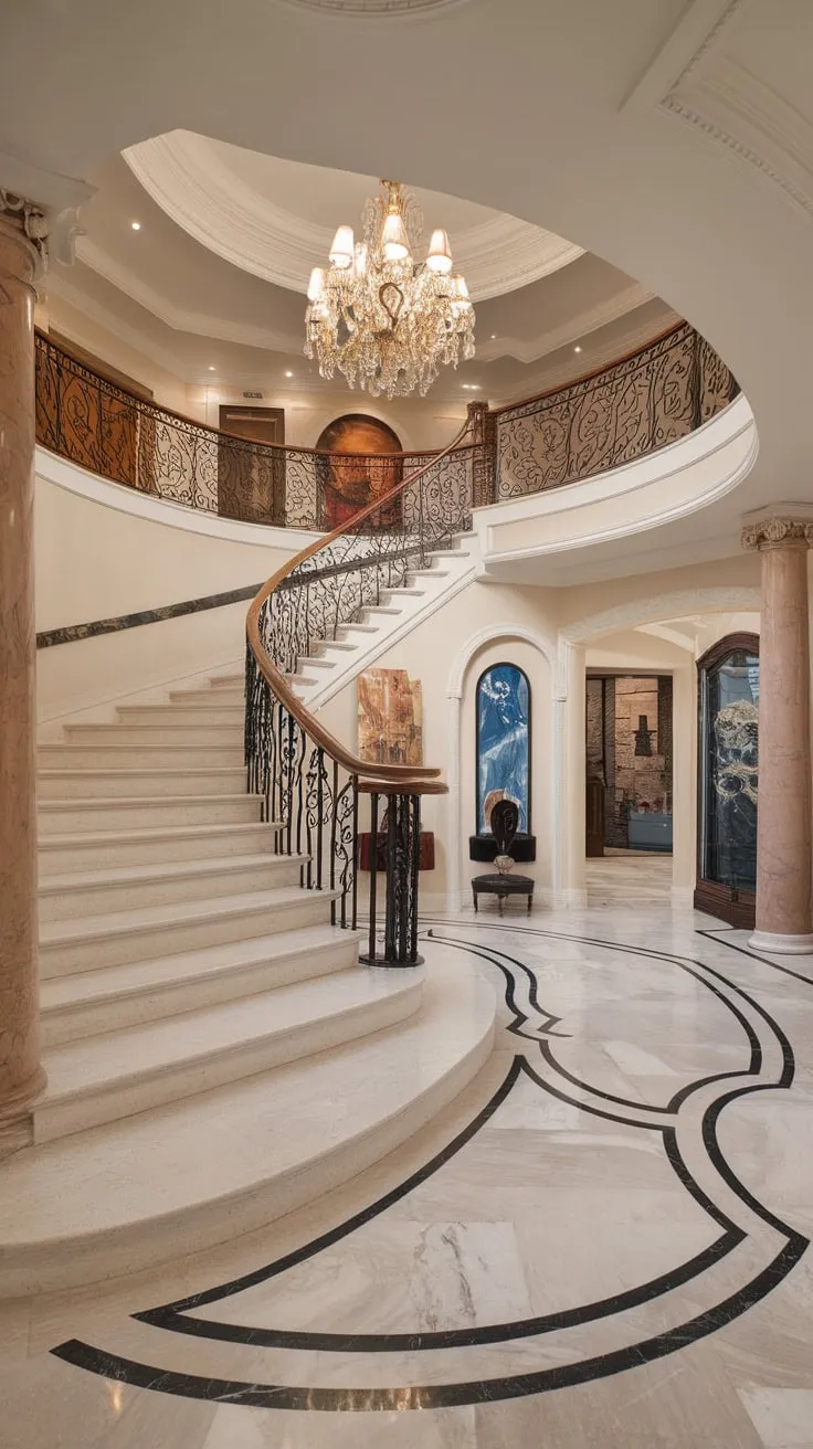 Experience opulent elegance in a luxury foyer featuring a majestic marble staircase, intricate detailing, and a breathtaking chandelier beneath a soaring ceiling.