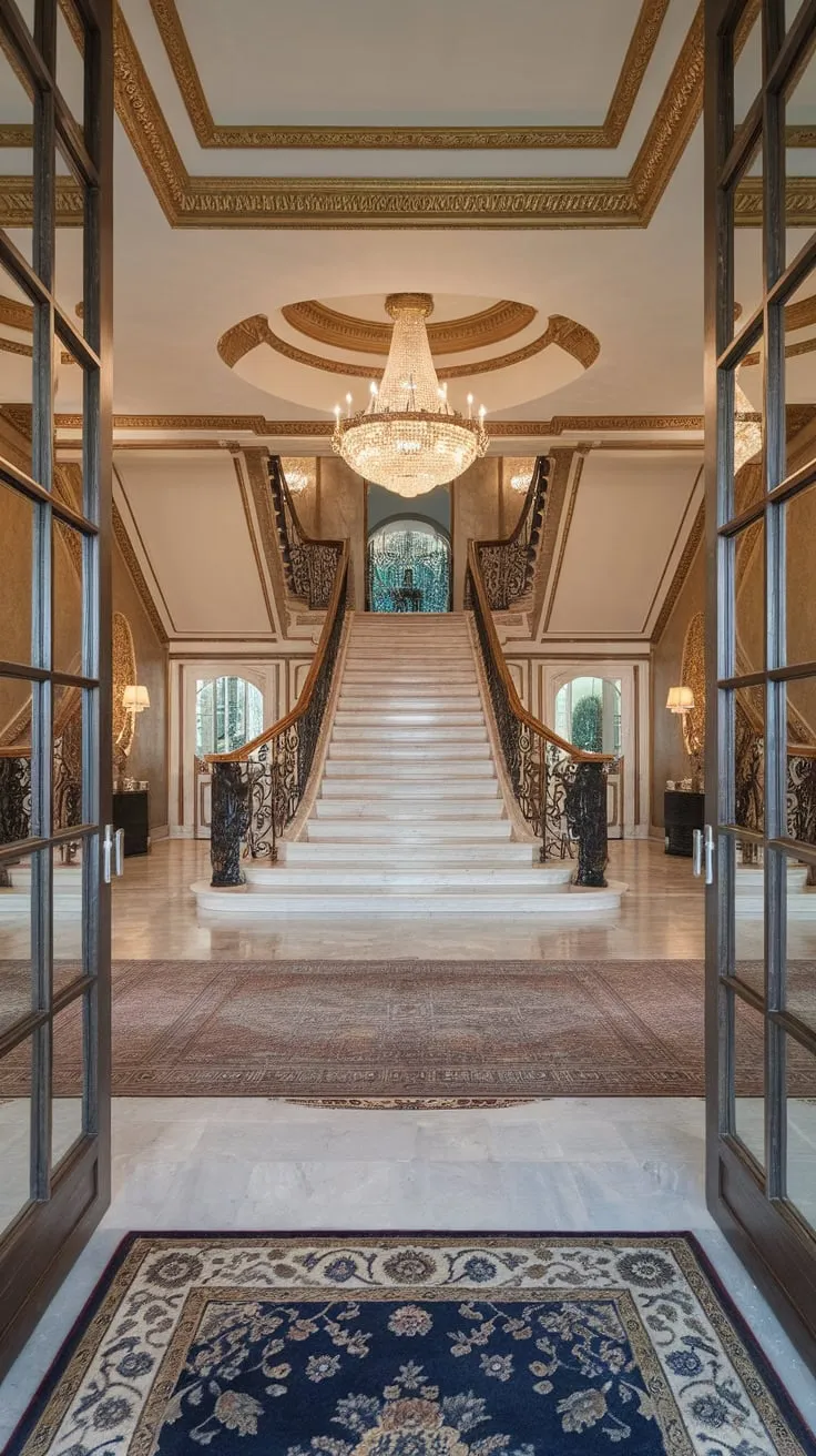 A grand marble staircase, shimmering chandelier, and gold-accented walls create an opulent luxury foyer experience