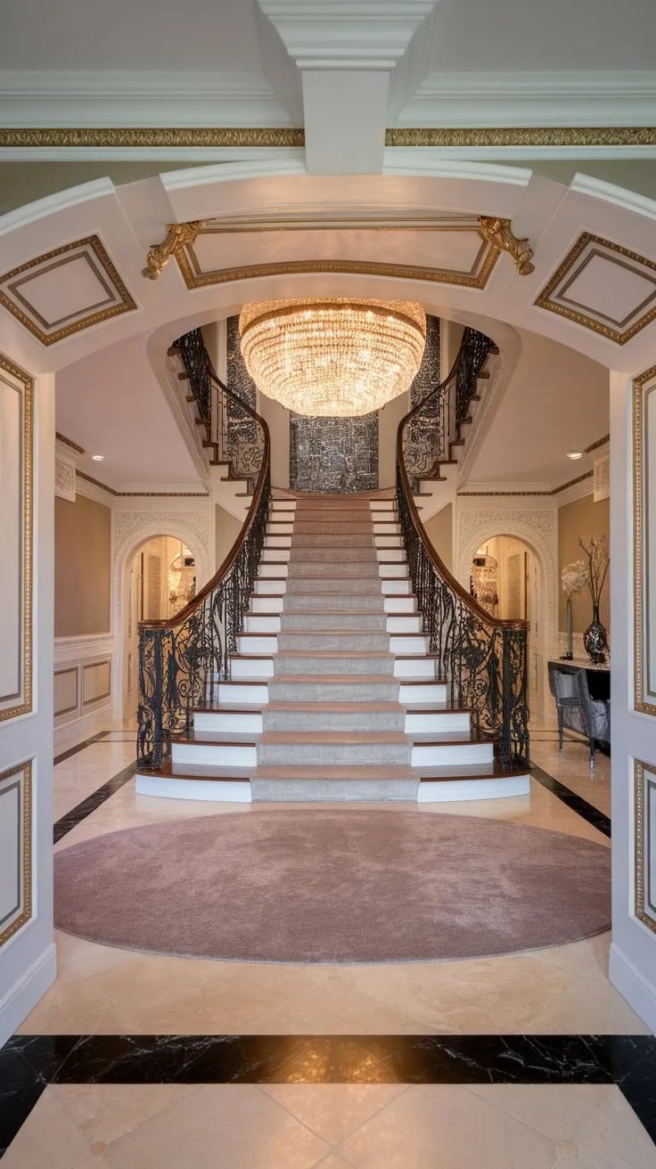 Warm lighting and plush rugs complete the lavish ambiance of this majestic marble-floored hall.
