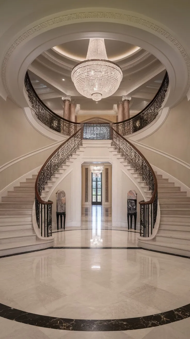 A grand marble staircase, illuminated by a crystal chandelier, defines this luxurious foyer's opulent ambiance