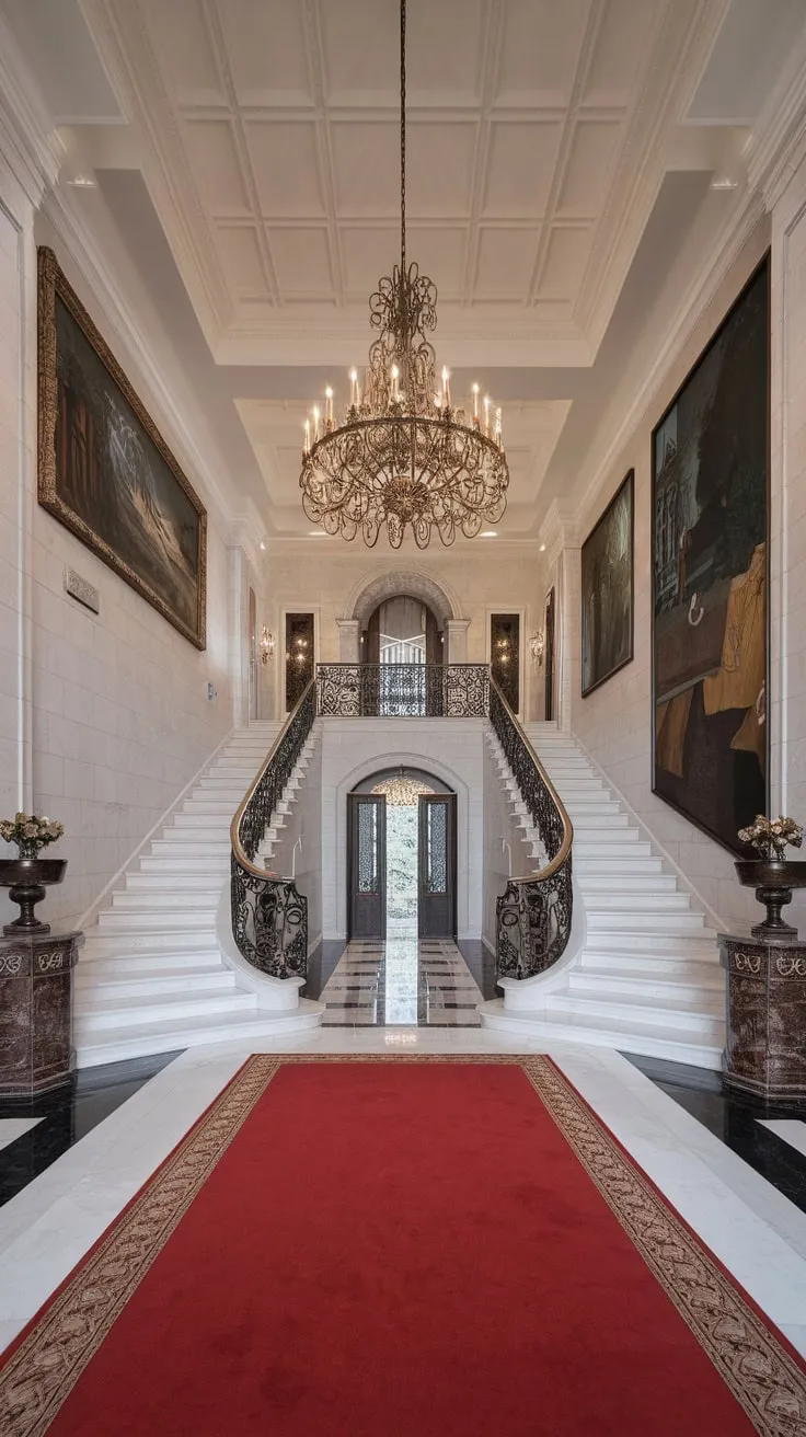 A grand marble staircase ascends beneath an ornate chandelier in a luxurious foyer, its red carpet and art-adorned walls setting a scene of opulent elegance