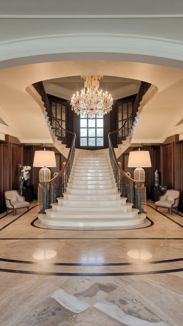 Opulent marble floors, a dramatic staircase, and dazzling lighting define this luxurious foyer's breathtaking entrance.