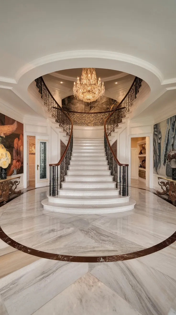 Opulent marble floors, a sweeping staircase, and a breathtaking chandelier define this luxurious foyer's majestic entrance.