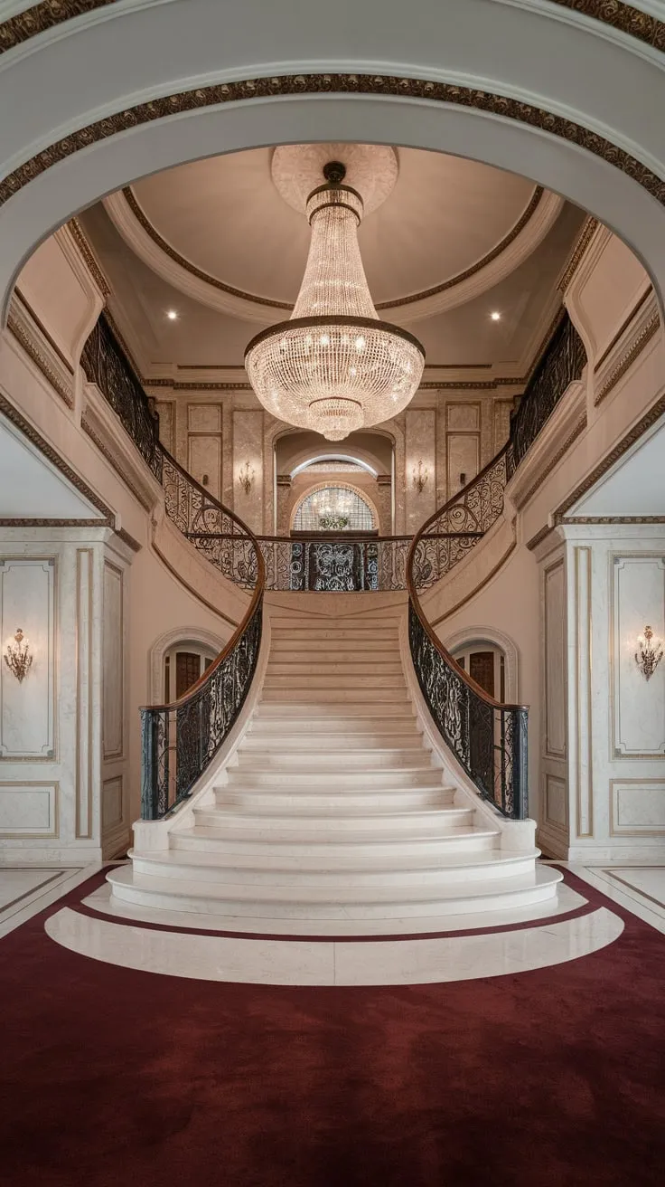 Opulent gold detailing, a sweeping marble staircase, and a magnificent chandelier create an unforgettable luxury foyer experience.