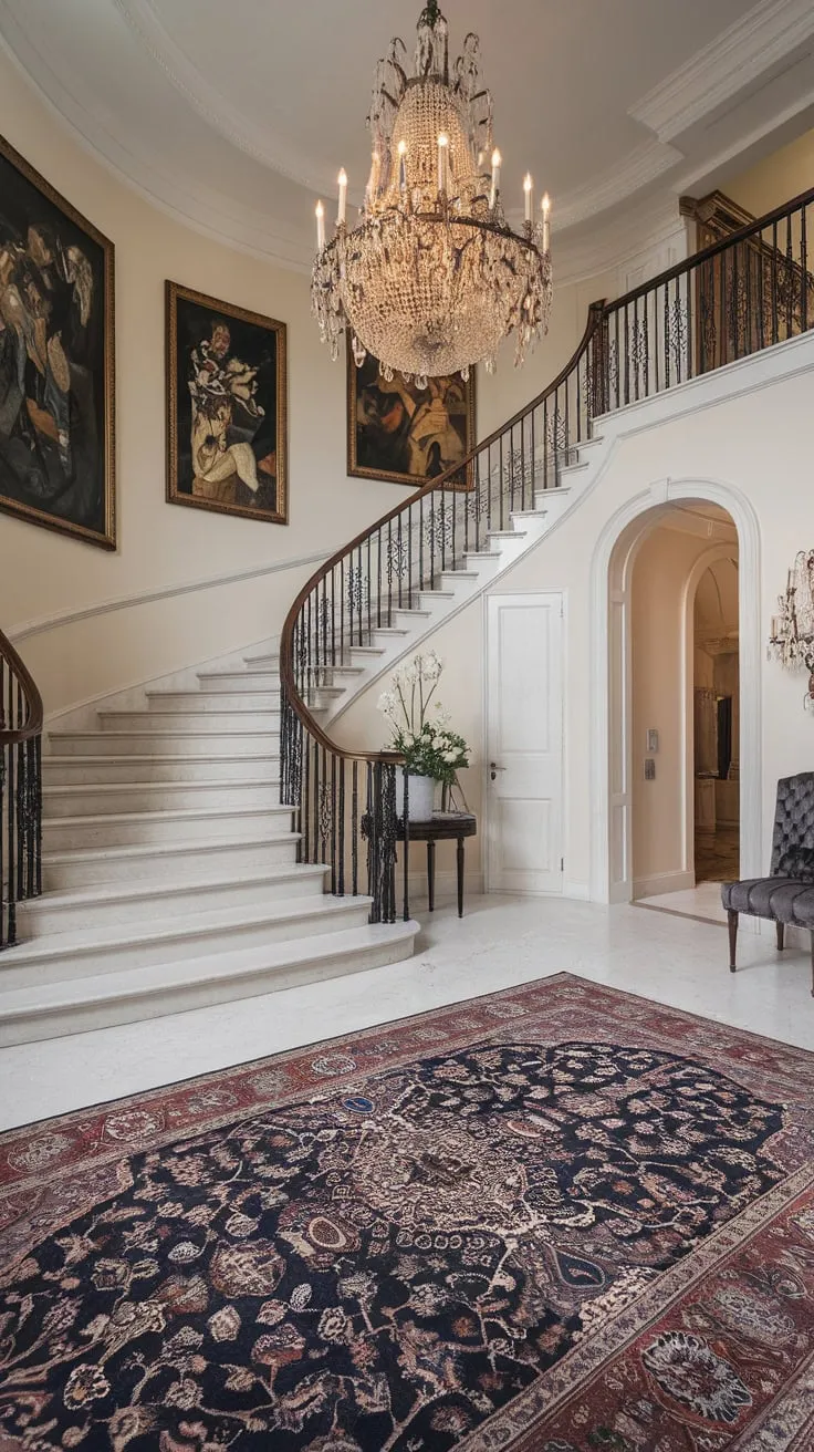 A grand marble staircase, a dazzling chandelier, and exquisite artwork create an unforgettable luxury foyer experience