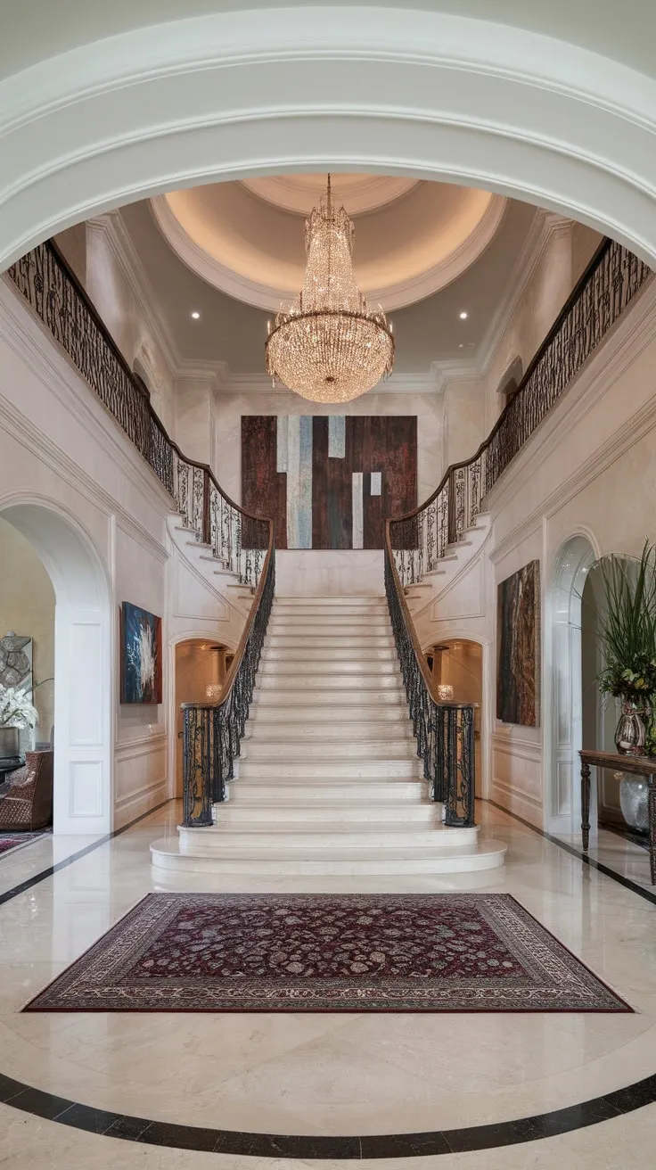 Opulent white plaster walls showcase a plush-carpeted grand marble staircase and shimmering chandelier in a breathtaking luxury foyer.