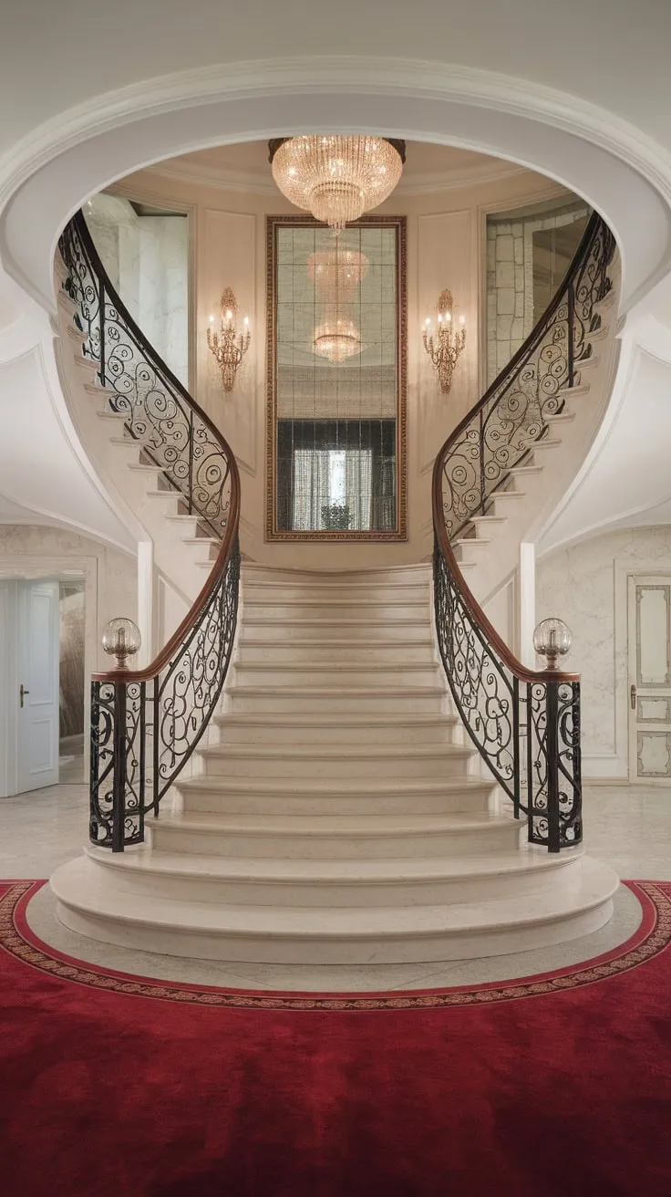 Golden sconces and a large mirror accentuate the opulent atmosphere of this luxury foyer's curved marble staircase.