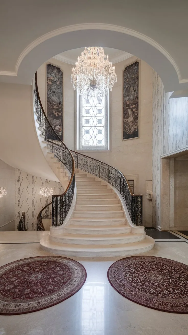 High ceilings, ornate details, and plush rugs complete the breathtaking entrance of this luxury home.