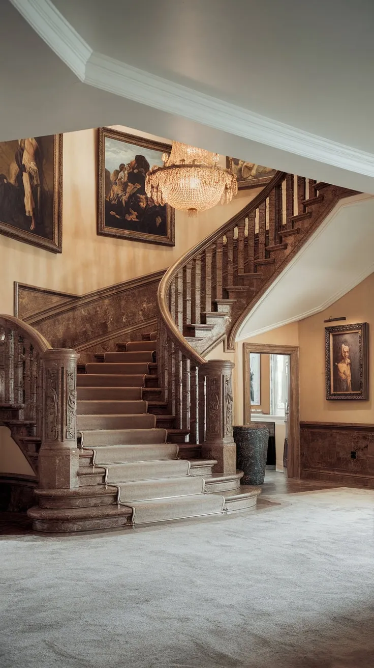 Opulent paintings, plush carpets, and soaring ceilings complete the luxurious ambiance of this grand foyer.