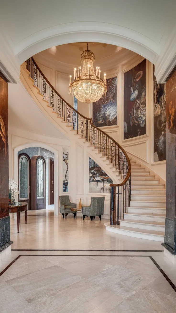 A grand marble staircase, dazzling chandelier, and exquisite artwork create an unforgettable luxury foyer experience