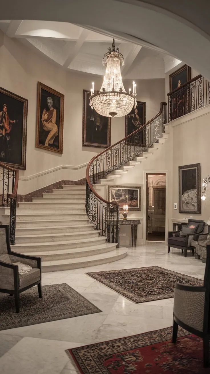 Opulent sophistication reigns in a luxury foyer featuring a grand marble staircase, a dazzling chandelier, and exquisite artwork.