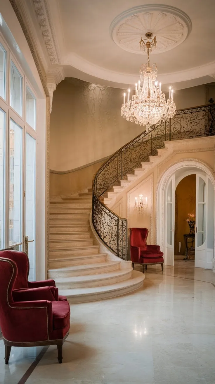 A grand marble staircase with ornate ironwork, plush seating, and a dazzling chandelier defines this luxurious foyer bathed in natural light