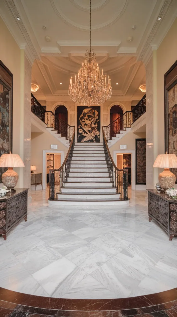 High ceilings, intricate designs, and a white marble floor define this opulent entryway's breathtaking luxury.