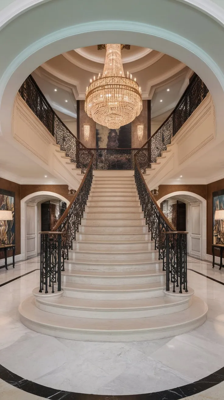 A grand marble staircase and dazzling chandelier define the luxurious ambiance of this opulent foyer, its artwork and marble floors enhancing the majestic entrance.
