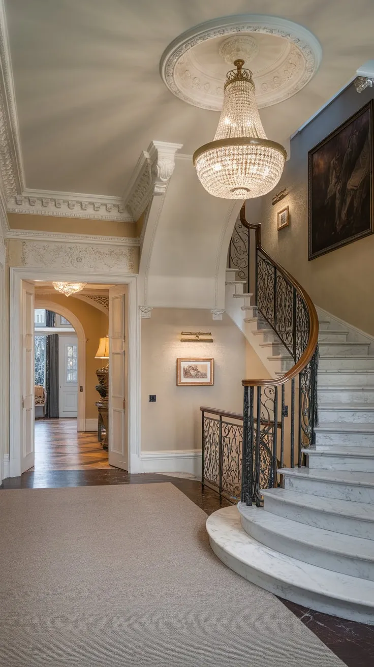 Opulent marble and rich details create an unforgettable entrance in this lavish foyer, complete with a sweeping staircase and dramatic chandelier.
