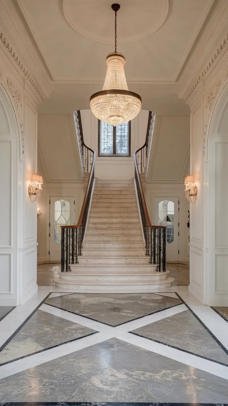 A grand marble staircase, shimmering chandelier, and ornate moldings define this luxurious foyer's breathtaking elegance