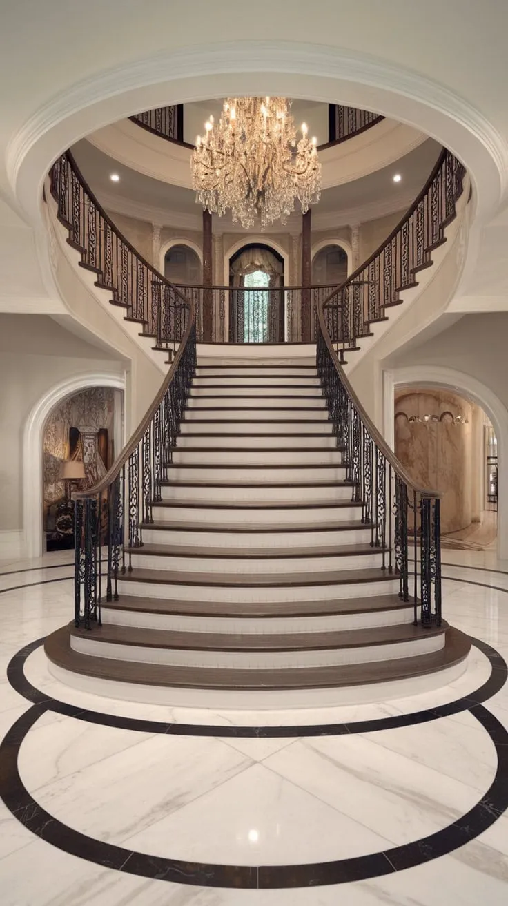 Experience opulent arrival in a lavish foyer featuring a majestic staircase and stunning chandelier.