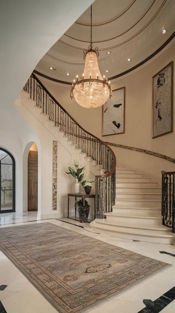 Opulence reigns in this luxury foyer, its high ceilings, patterned rug, and artistic accents culminating in a breathtaking marble staircase and dazzling chandelier.