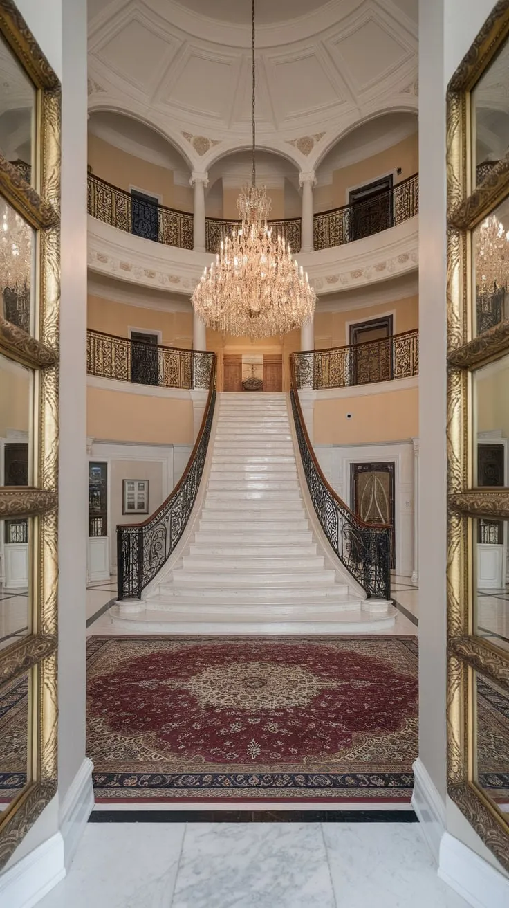 A grand marble staircase, ornate golden frames, and a plush rug define this luxurious foyer's opulent elegance