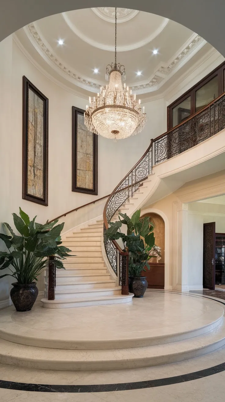A grand marble staircase, shimmering chandelier, and soaring ceilings define this luxurious foyer's breathtaking elegance