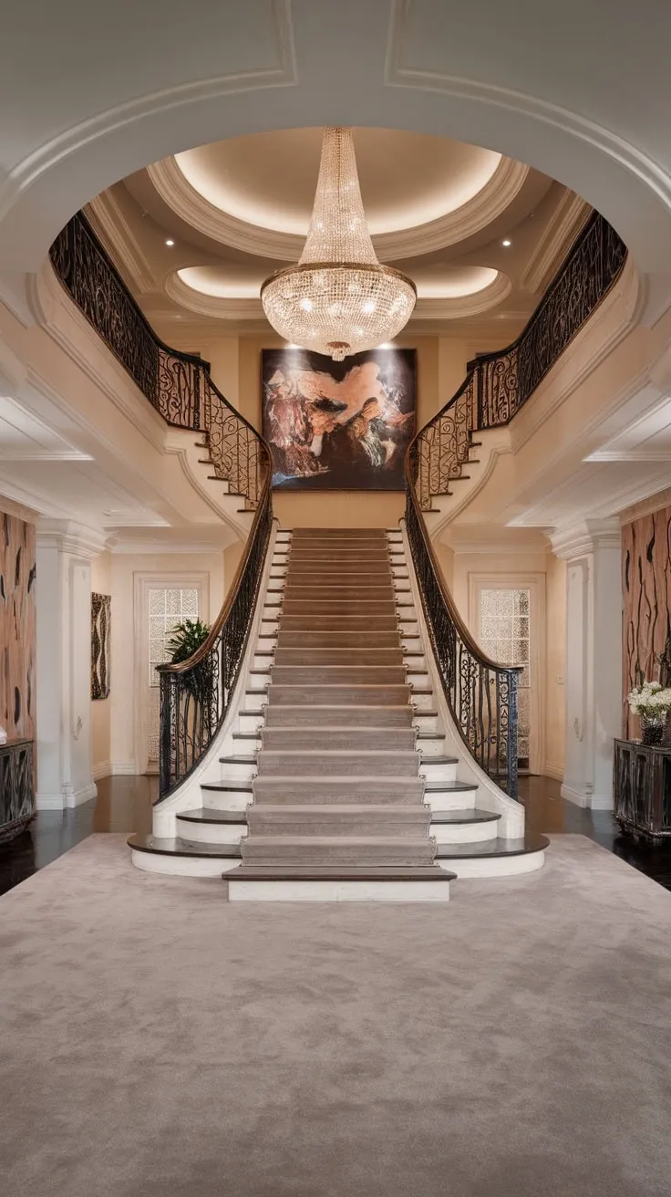 Artwork-adorned walls and opulent hall design complete the lavish ambiance of this stunning luxury foyer.