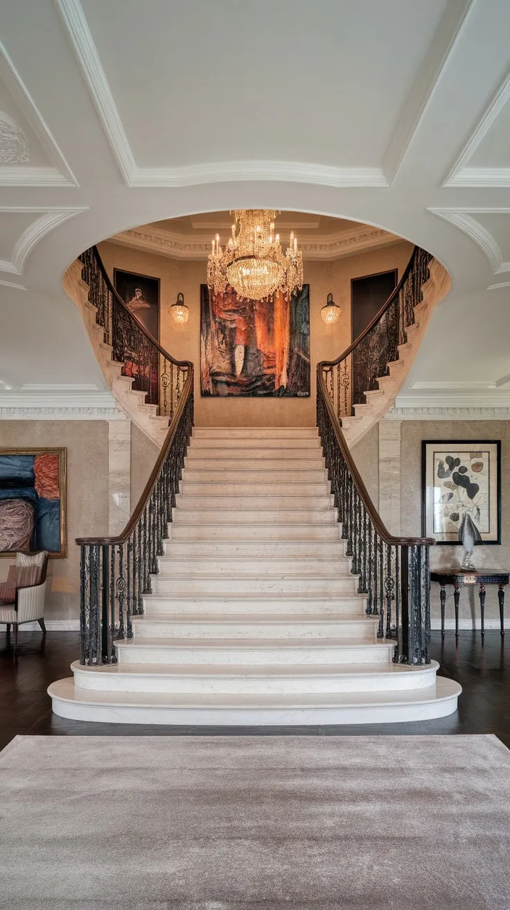 Opulent artwork and a shimmering chandelier crown a lavish foyer featuring a majestic marble staircase and plush, luxurious appointments.