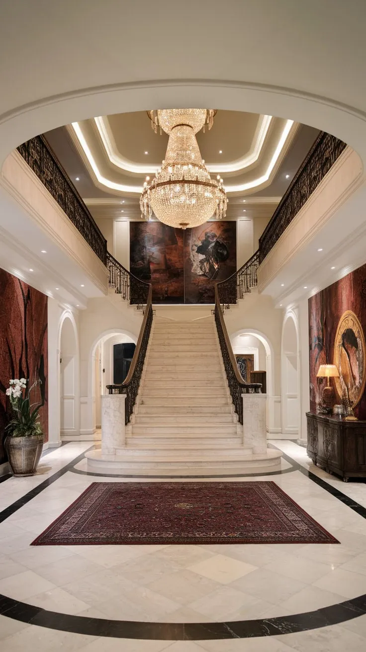 A breathtaking marble staircase ascends to a high-ceilinged foyer, bathed in light and adorned with art, embodying ultimate luxury.