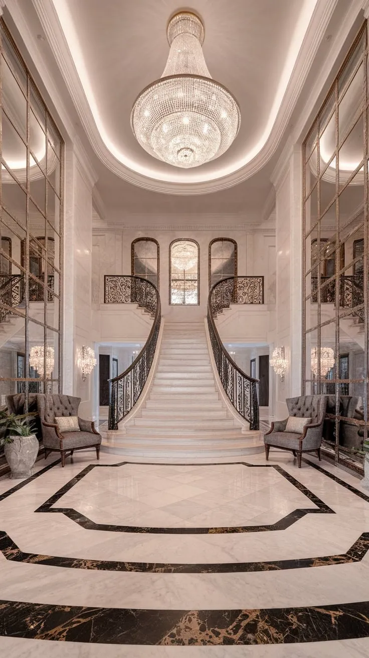 A breathtaking luxury foyer features a grand marble staircase, shimmering crystal chandelier, and opulent details creating an atmosphere of unparalleled elegance.
