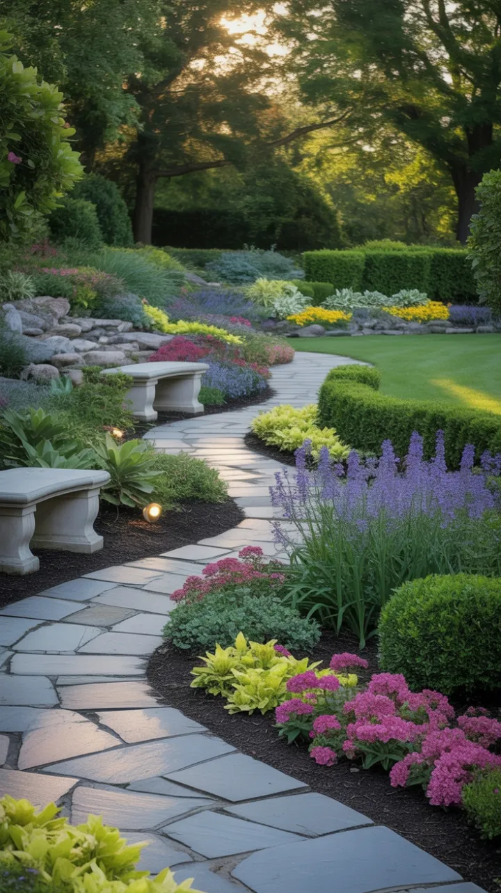 Sunlit Winding Path Through a Serene Luxury Garden