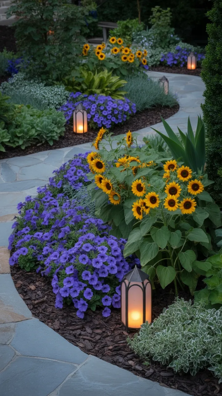 Twilight Elegance in a Sunlit Garden of Sunflower Gold and Petunia Velvet