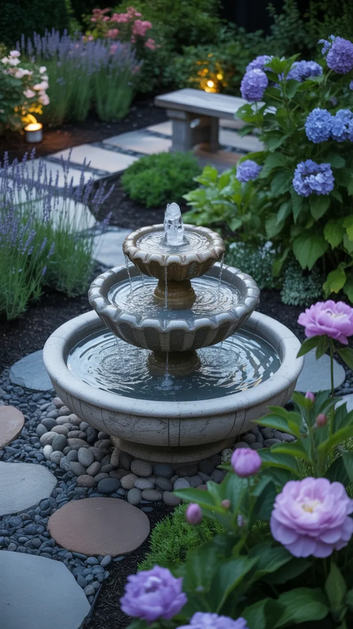 Cascading Fountain Garden of Lavender and Light